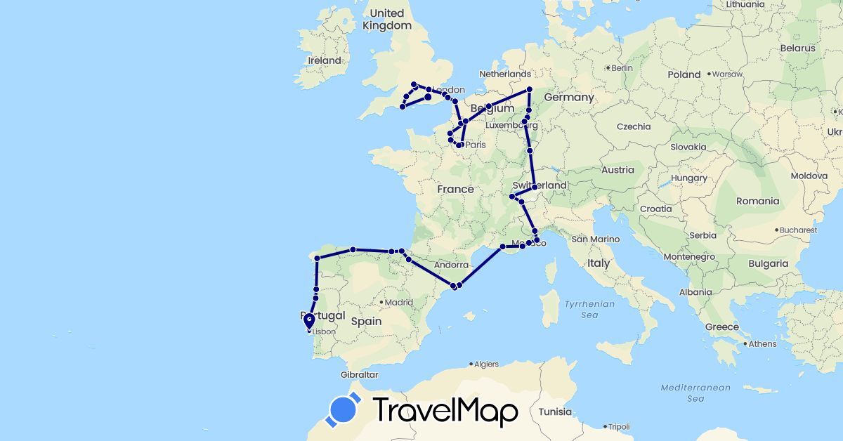 TravelMap itinerary: driving in Belgium, Switzerland, Germany, Spain, France, United Kingdom, Italy, Monaco, Portugal (Europe)